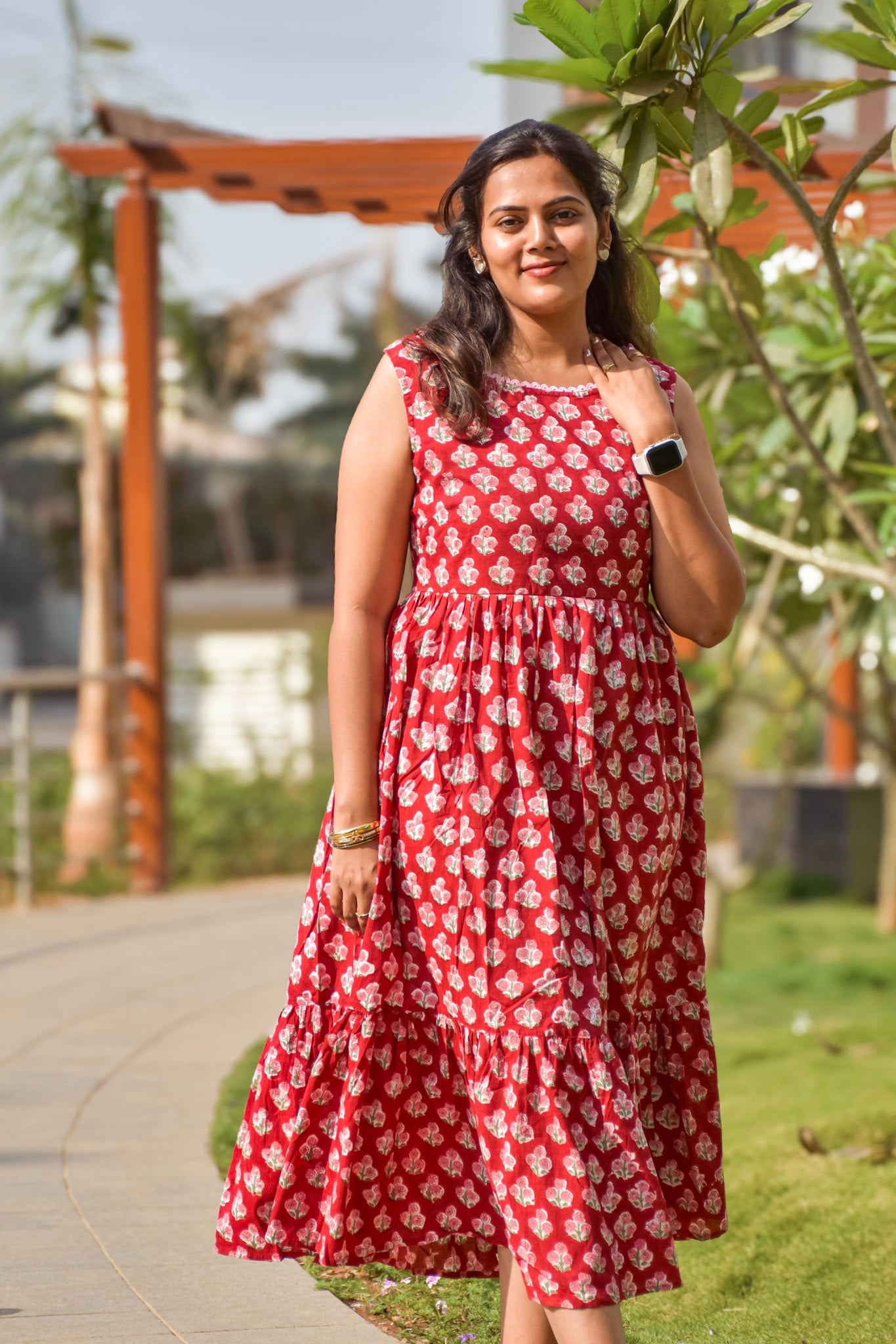Red Cotton sleeveless long dress