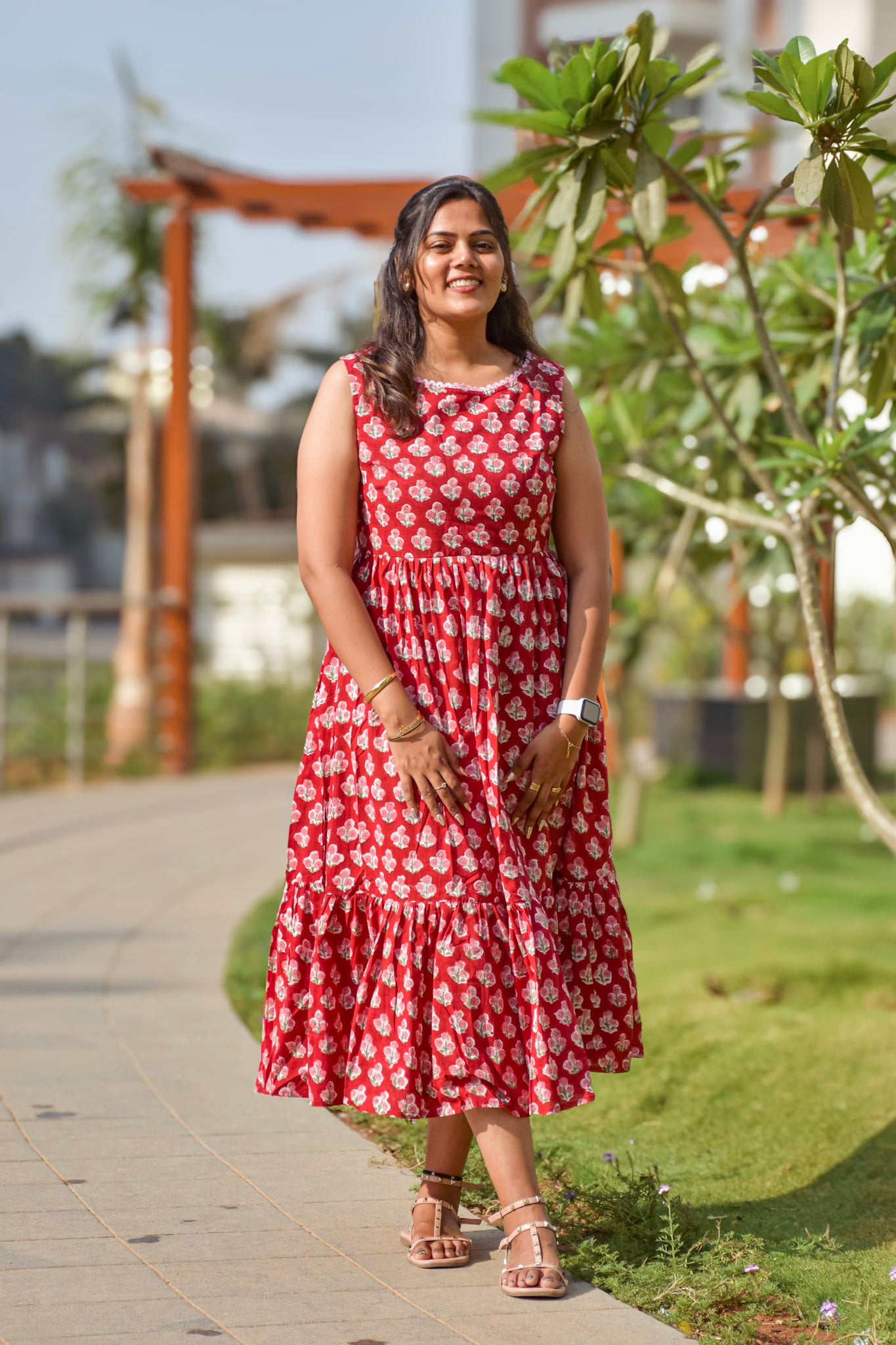 Red Cotton sleeveless long dress