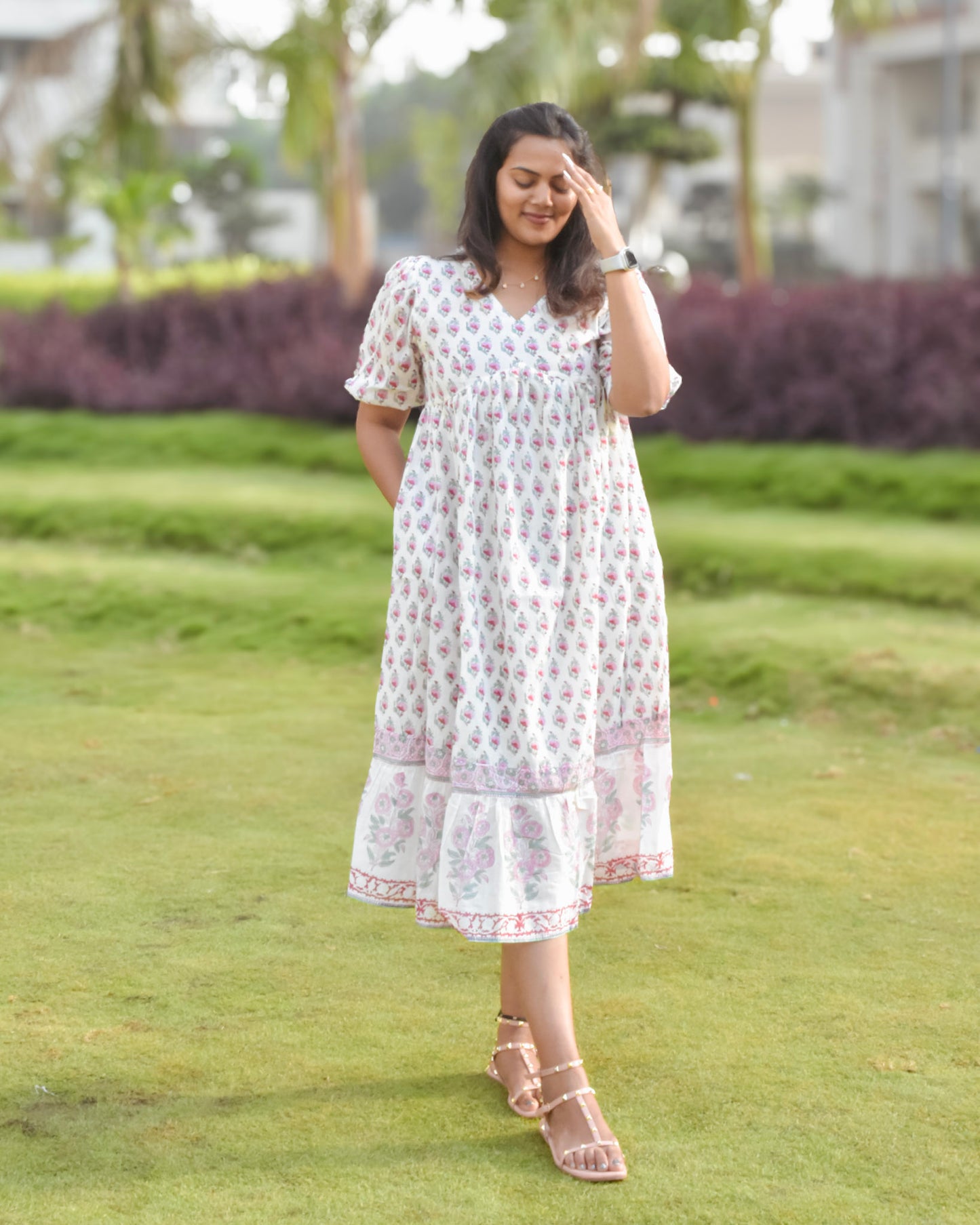 White cotton dress with pink flowers