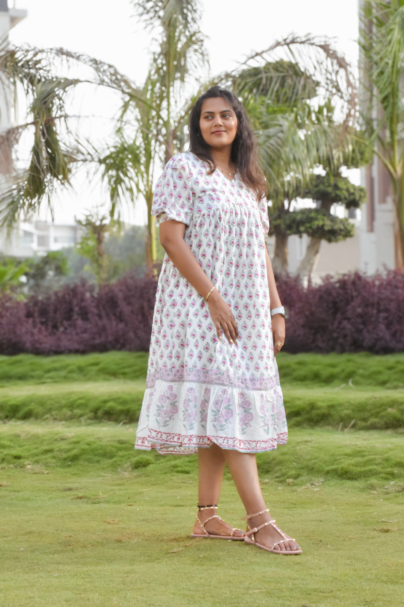 White cotton dress with pink flowers