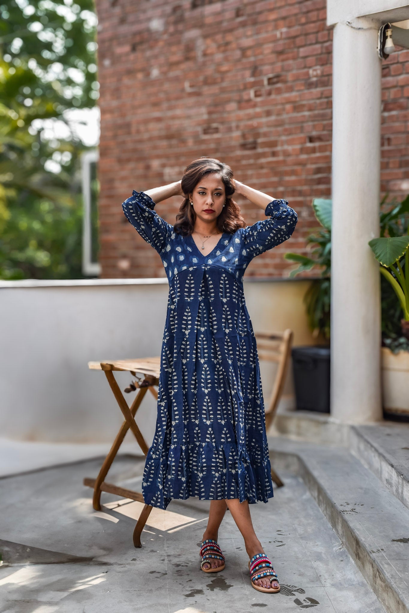 Blue cotton dress with V neck