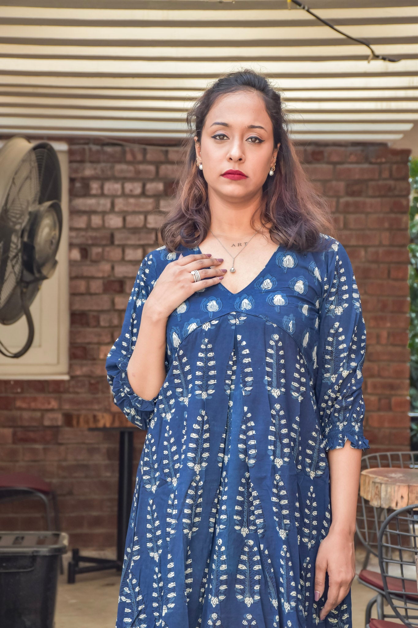 Blue cotton dress with V neck