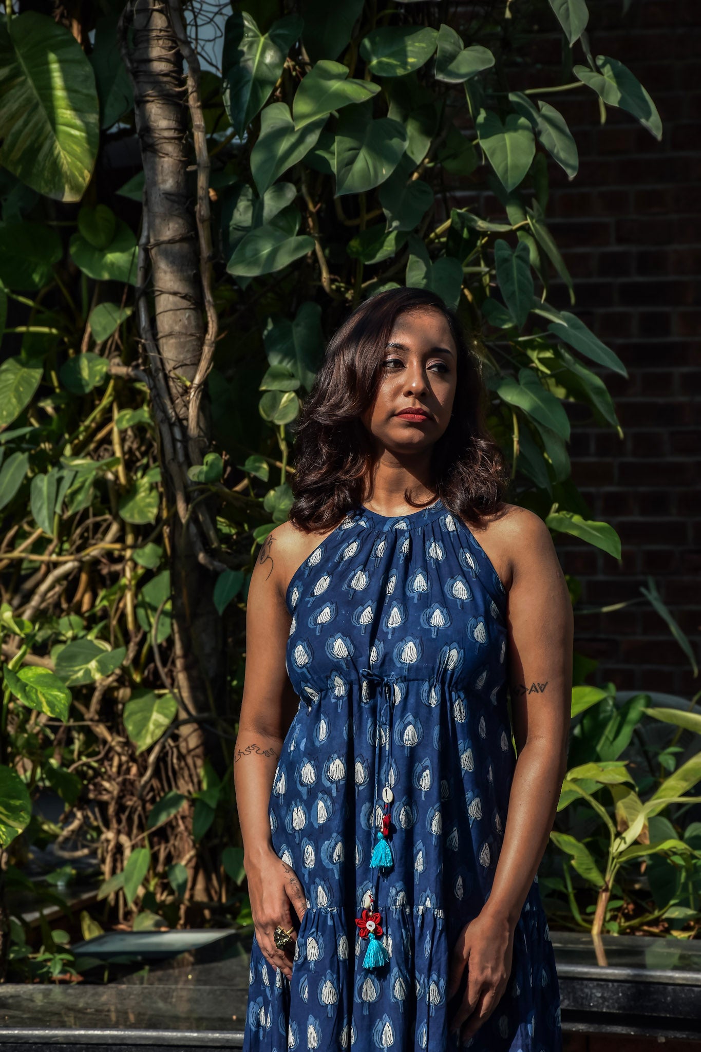 Indigo Bagru Midi Dress with halter neck