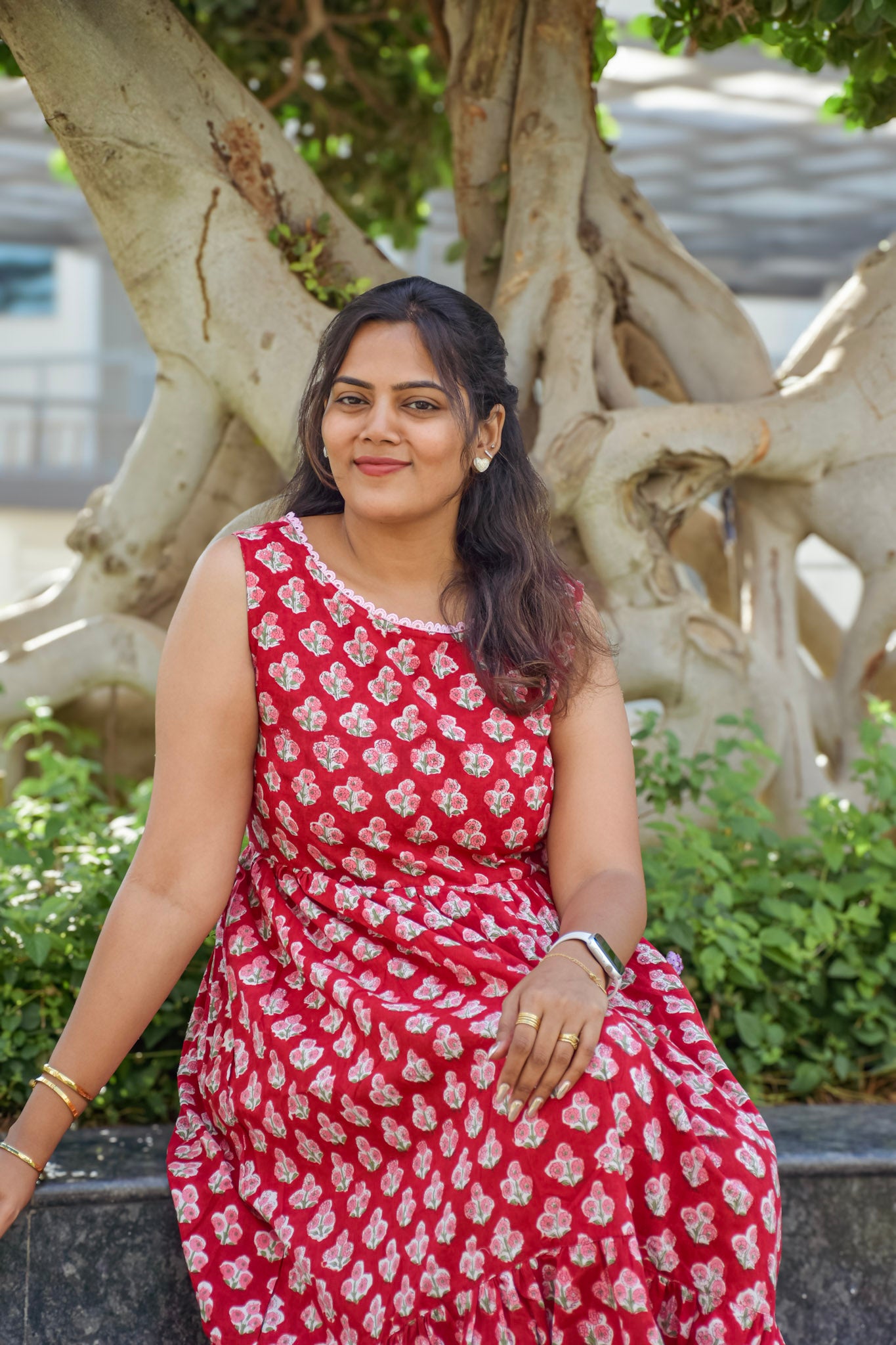 Red Cotton sleeveless long dress