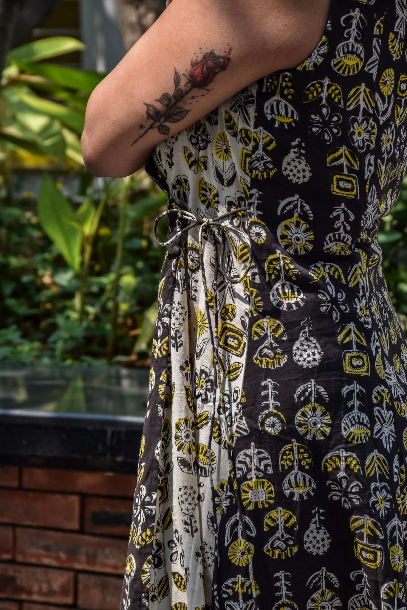 Half Black Half Beige Mul Cotton Wrap Midi Dress