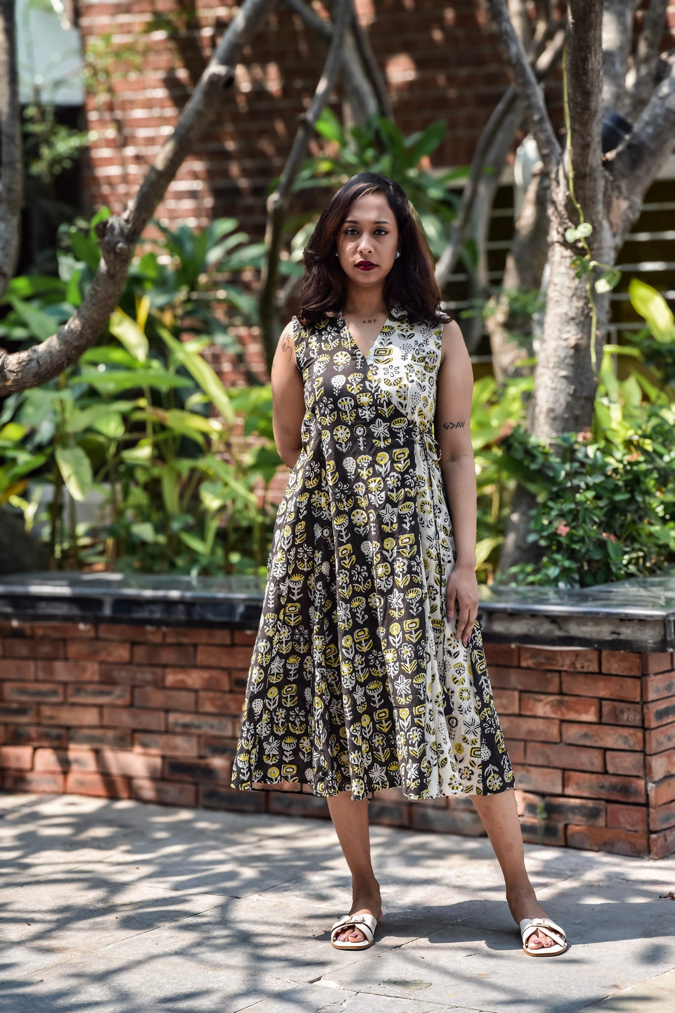 Half Black Half Beige Mul Cotton Wrap Midi Dress