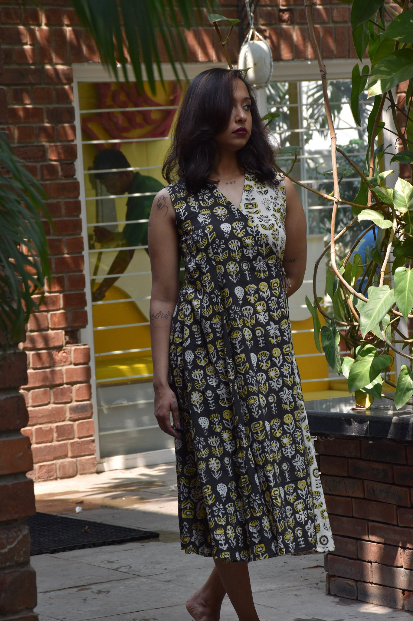 Half Black Half Beige Mul Cotton Wrap Midi Dress