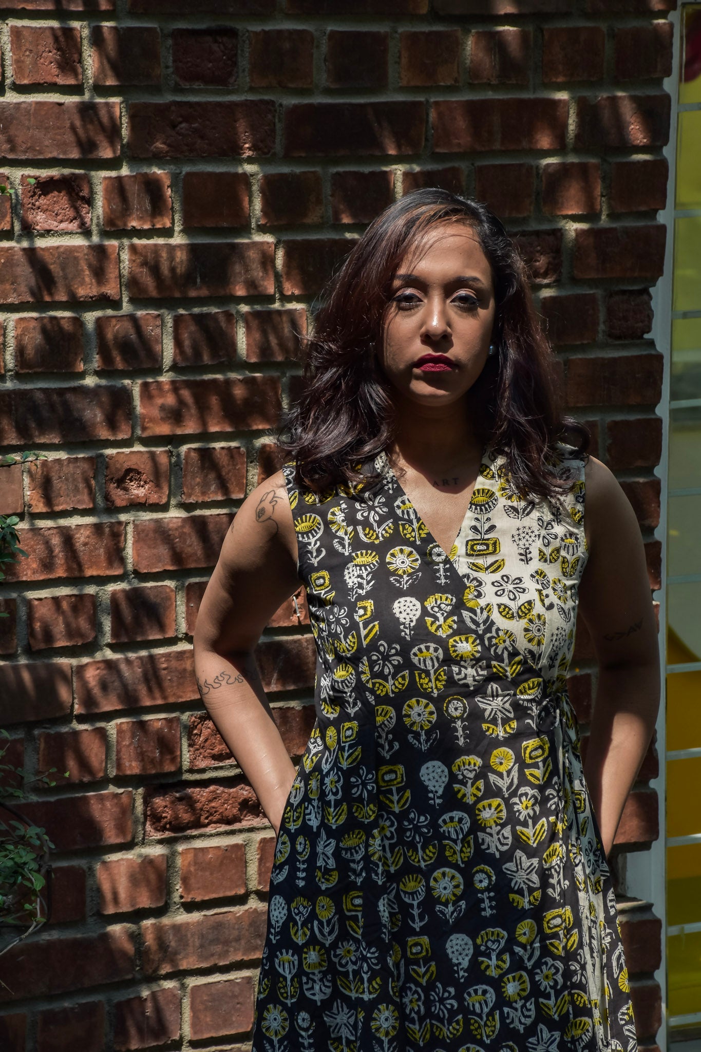 Half Black Half Beige Mul Cotton Wrap Midi Dress