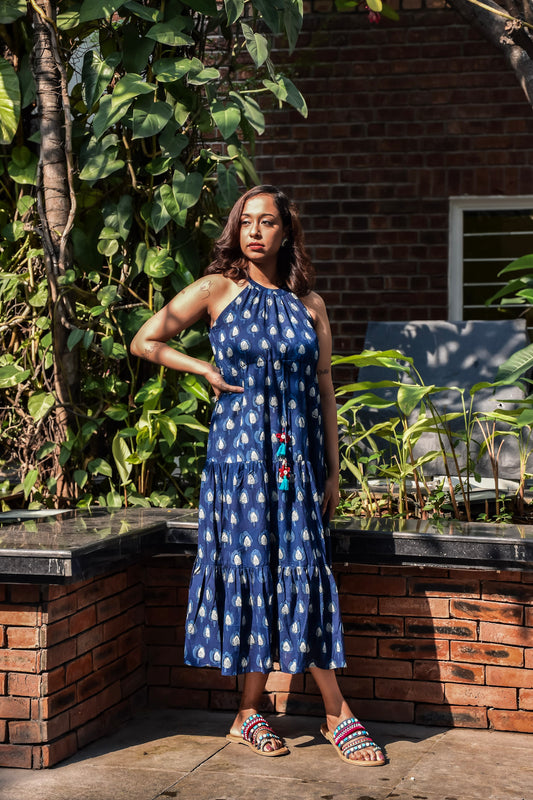 Indigo Bagru Midi Dress with halter neck