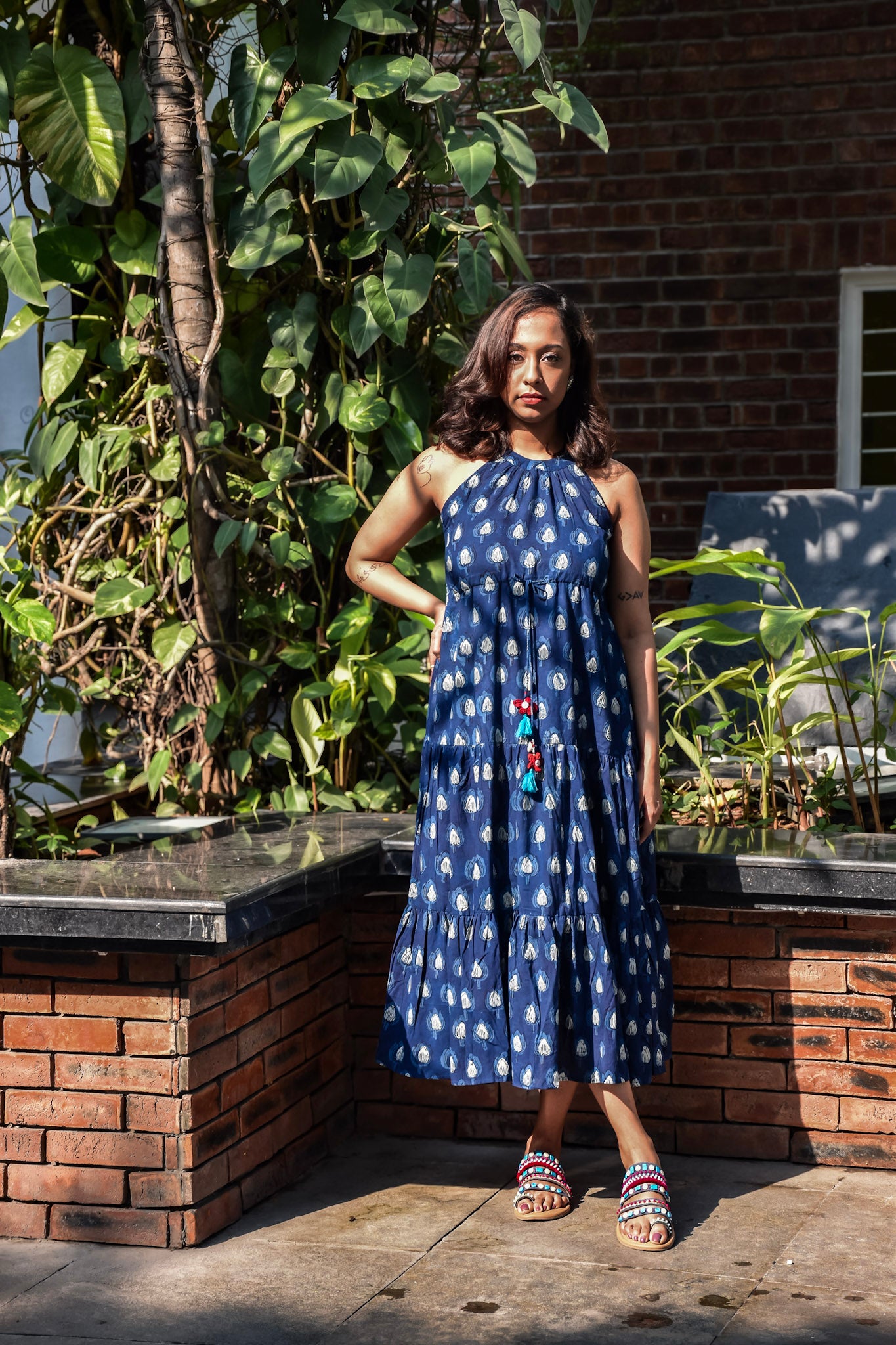 Indigo Bagru Midi Dress with halter neck