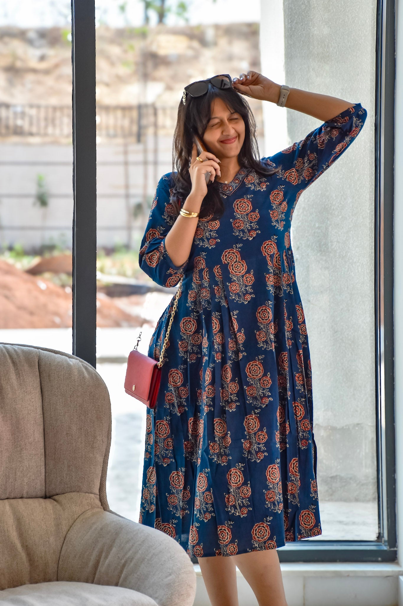 Indigo Ajrakh Handblock printed Dress
